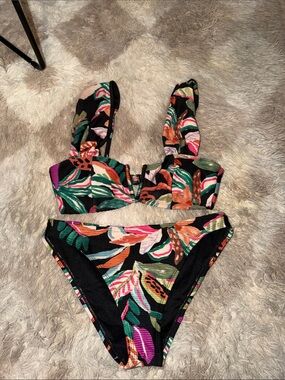 Time and Tru Black Tropical Leaf Print Two-Piece Bikini